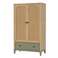 Armoire en bois de chêne avec portes en rotin et tiroir vert