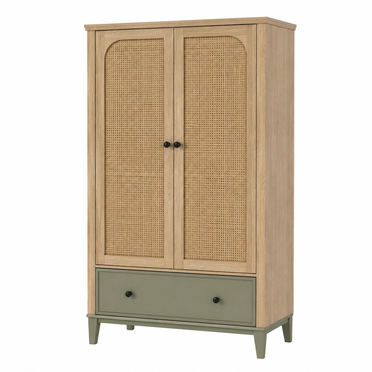 Armoire en bois de chêne avec portes en rotin et tiroir vert