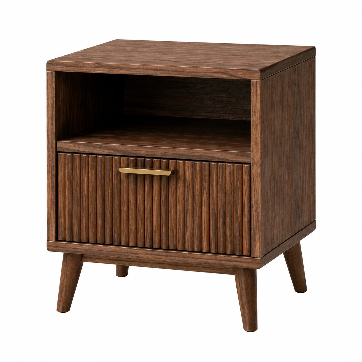 Table de chevet en bois avec tiroir nervuré et étagère