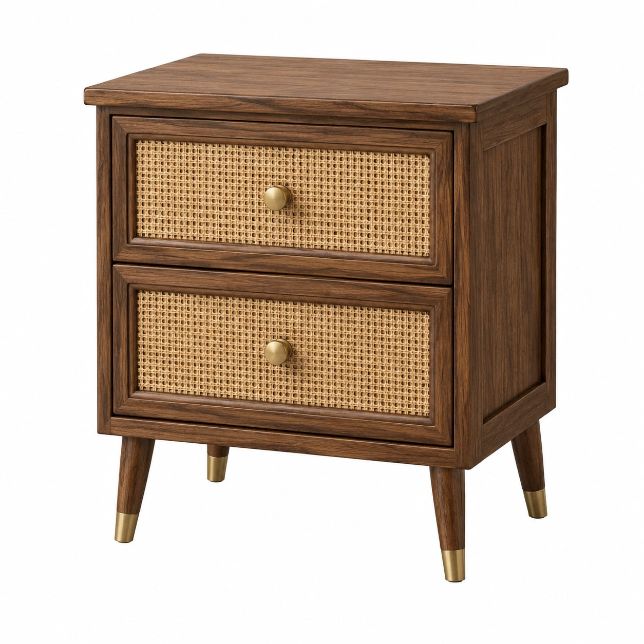 Table de chevet en bois et rotin avec 2 tiroirs marron