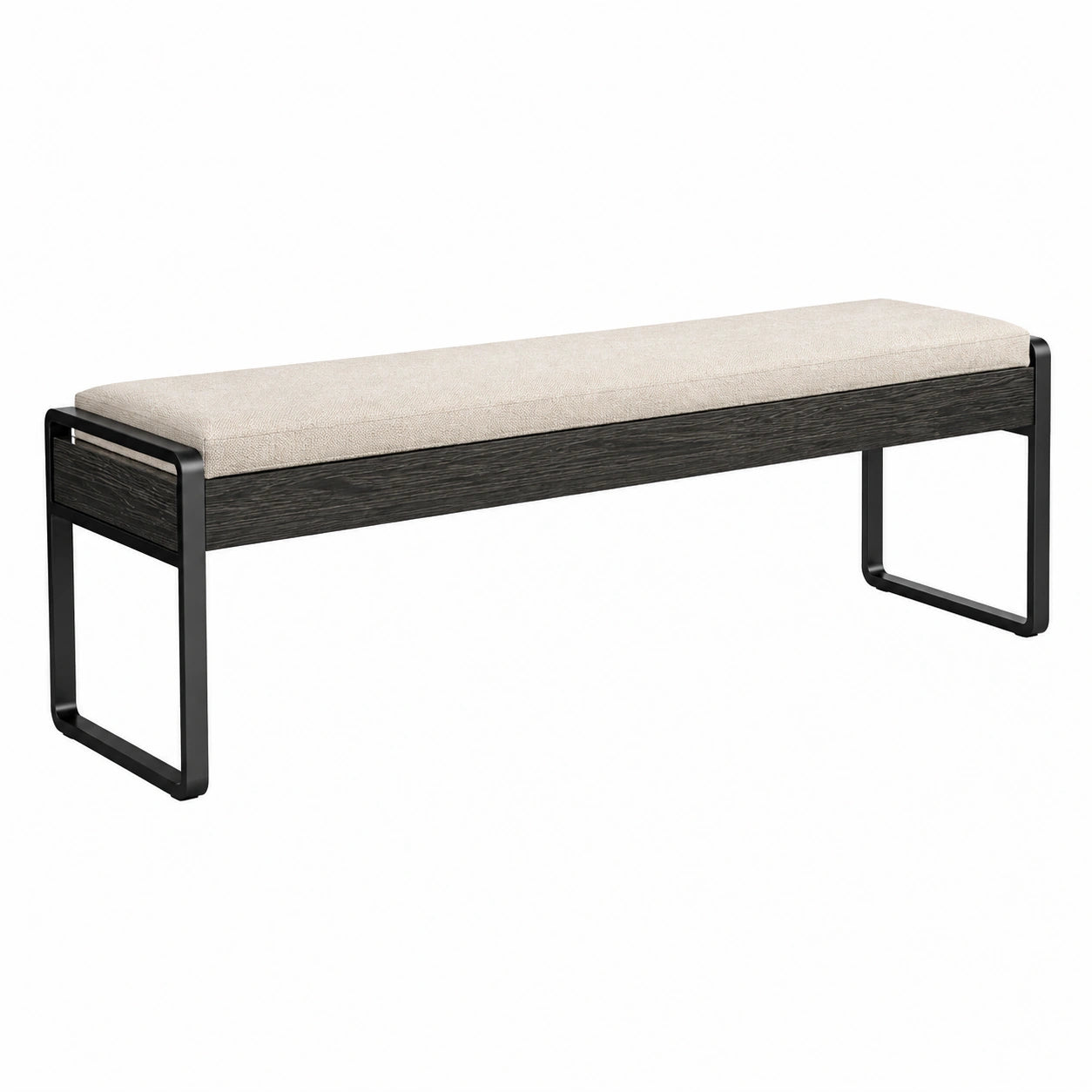 Banc en bois et métal avec siège en tissu beige et cadre noir