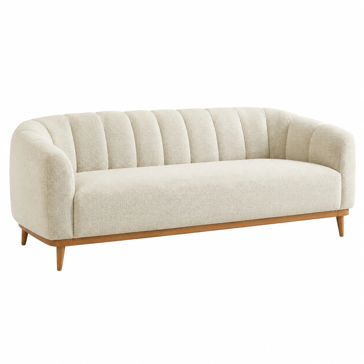Canapé 3 places en tissu bouclé beige avec pieds en bois