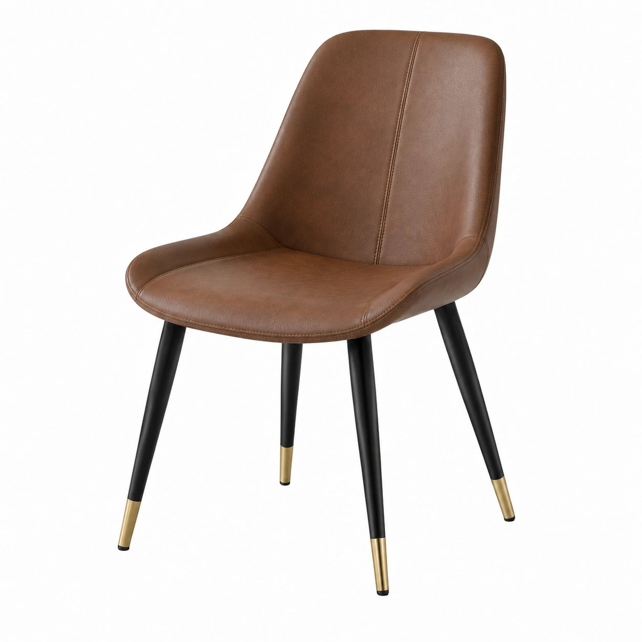 Chaise en cuir synthétique brun avec pieds en métal noir et doré