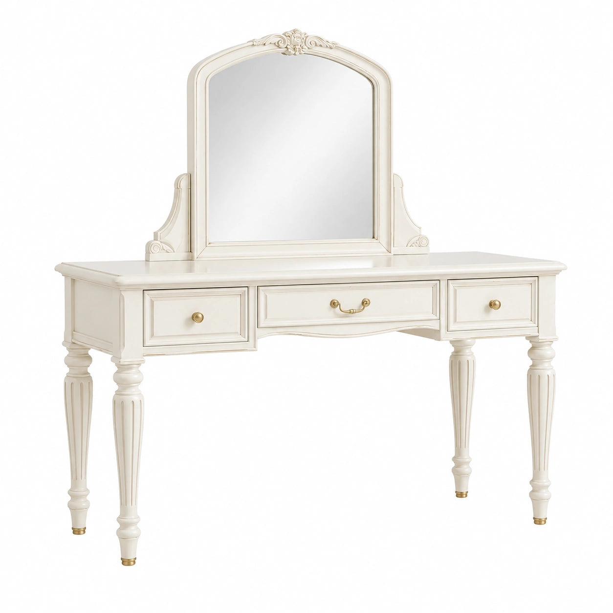 Coiffeuse en bois crème avec miroir et trois tiroirs