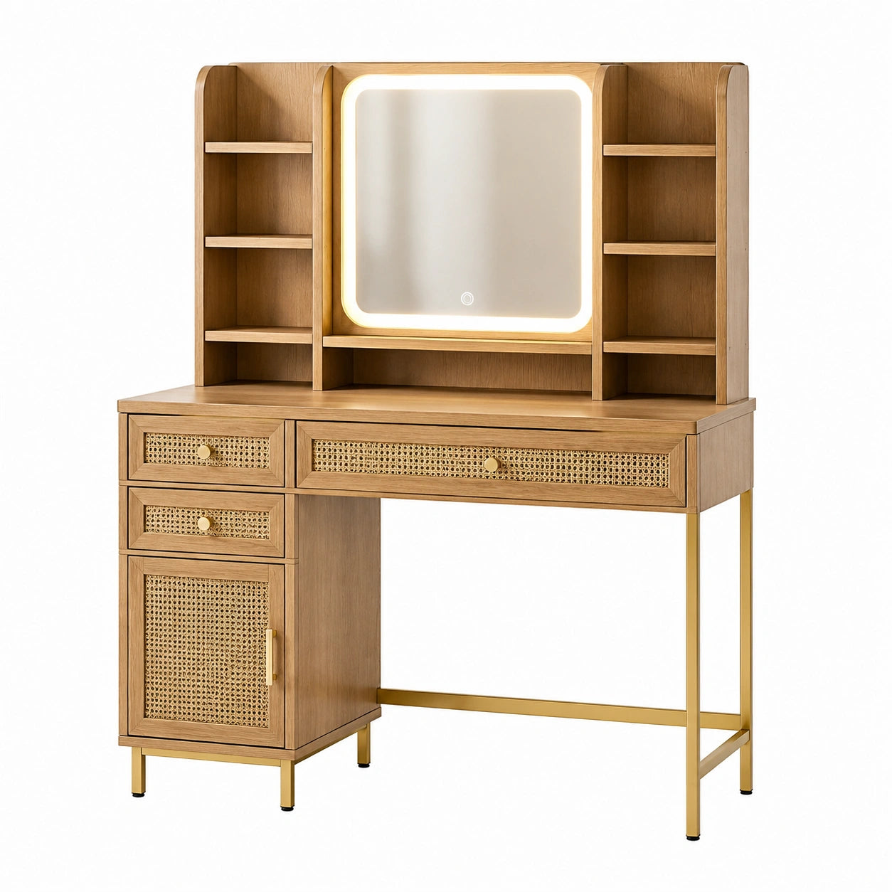 Coiffeuse en bois et métal doré avec miroir LED