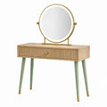 Coiffeuse en bois avec miroir rond LED, pieds en métal, beige/vert
