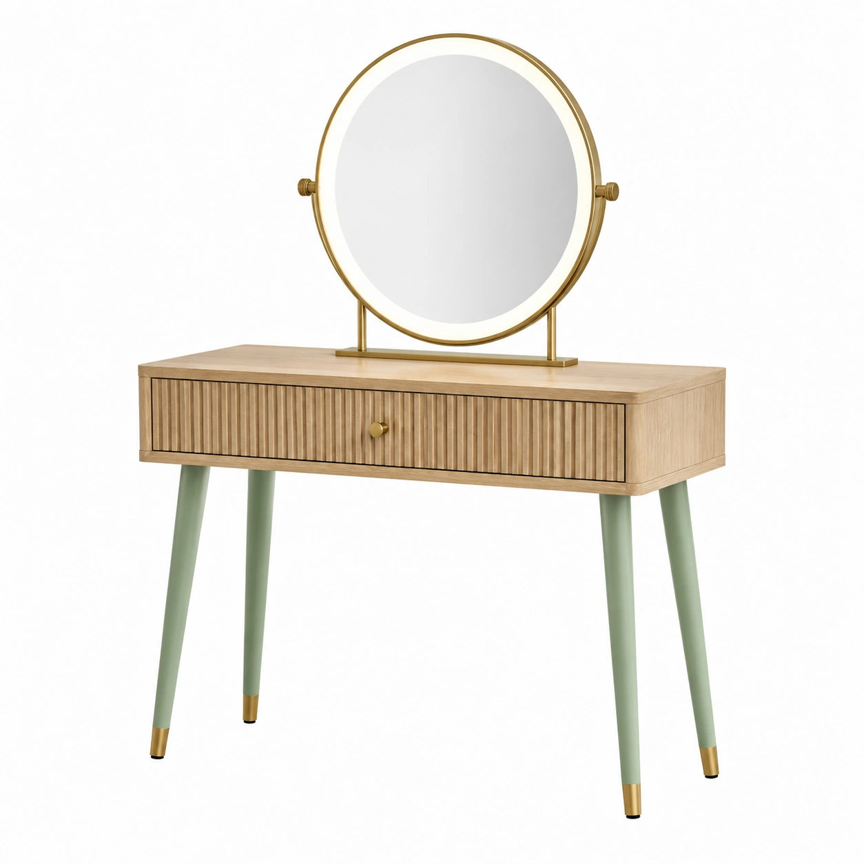 Coiffeuse en bois avec miroir rond LED, pieds en métal, beige/vert