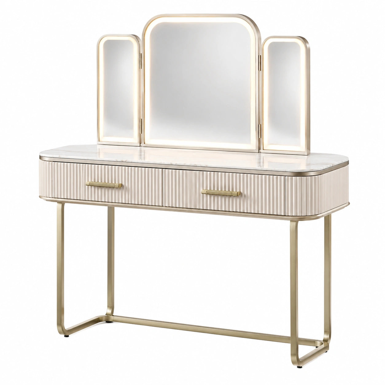Coiffeuse en MDF avec miroir triptyque en laiton 140x40x130 cm blanc/doré