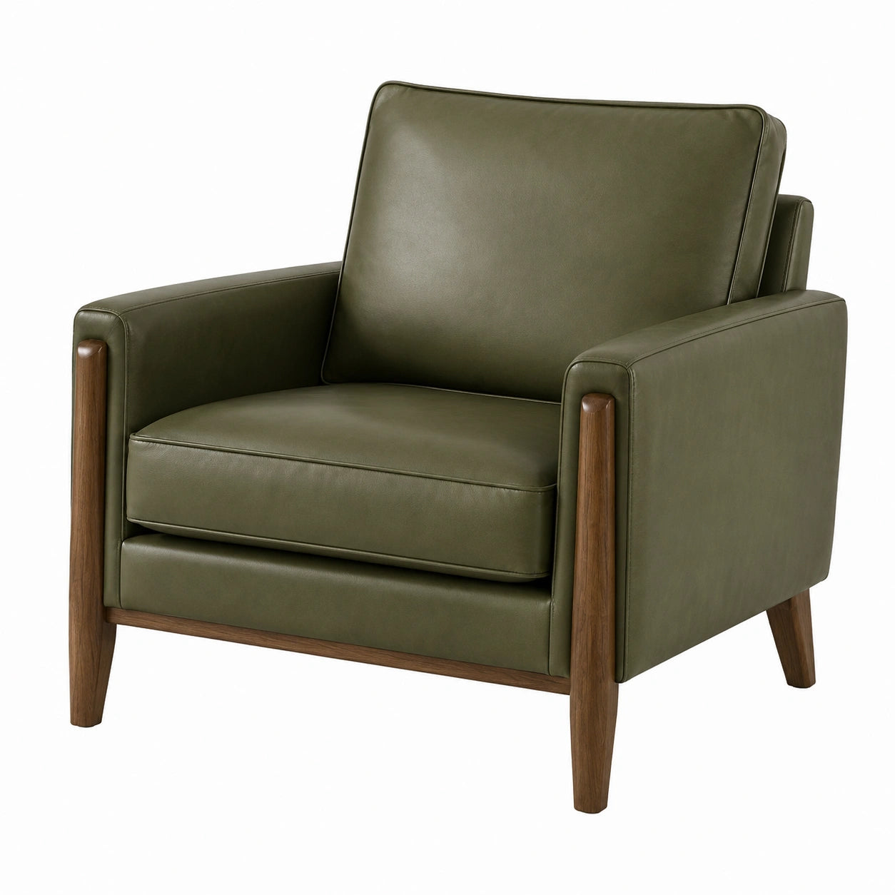 Fauteuil en bois et cuir synthétique vert olive, 85x80x85 cm