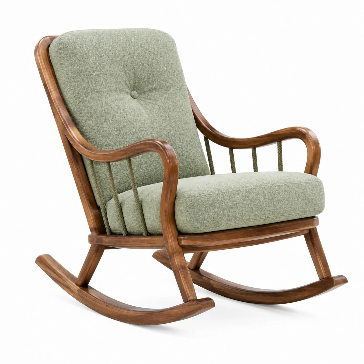 Chaise à bascule en bois et tissu vert