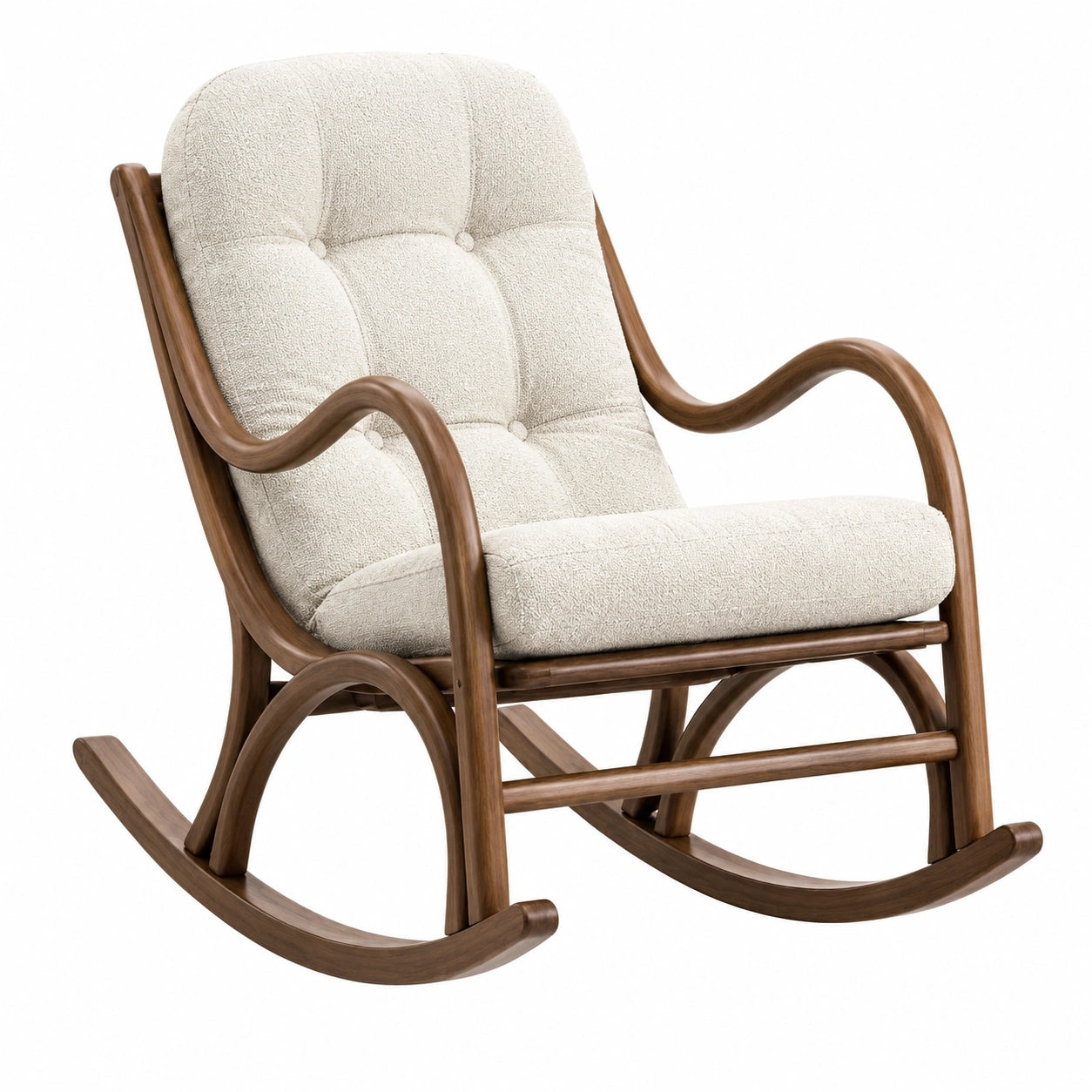 Fauteuil à bascule en bois et tissu bouclé beige