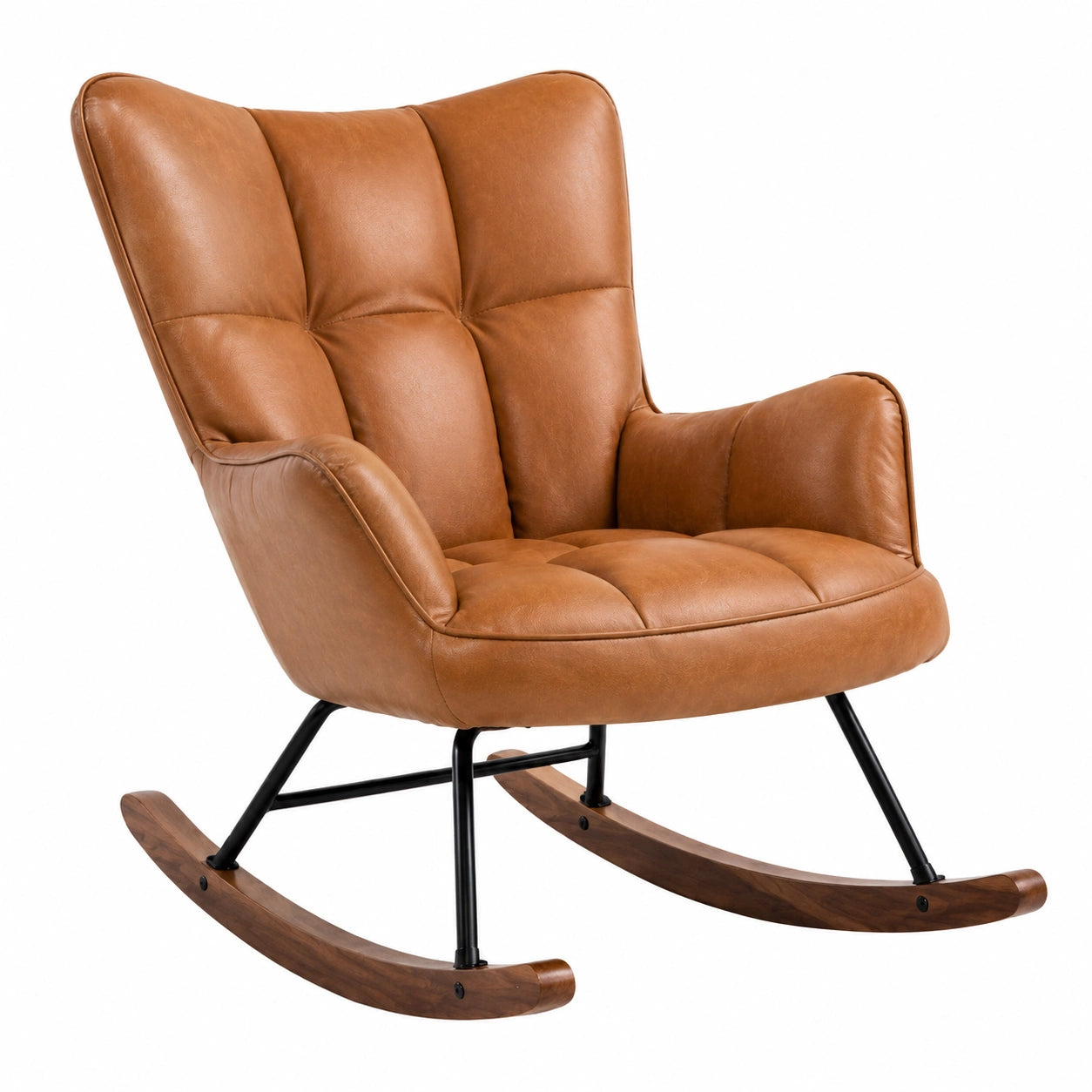 Fauteuil à bascule en cuir PU brun, cadre en acier et bois