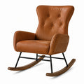 Fauteuil à bascule en cuir brun, cadre en bois et métal