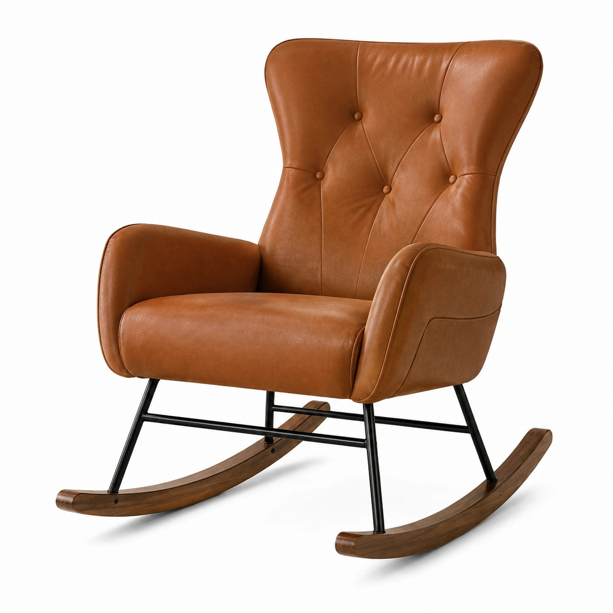 Fauteuil à bascule en cuir brun, cadre en bois et métal